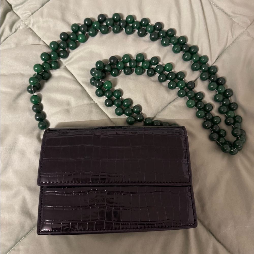 Elegant Croc-Embossed Purple Bag with Green Beaded Strap